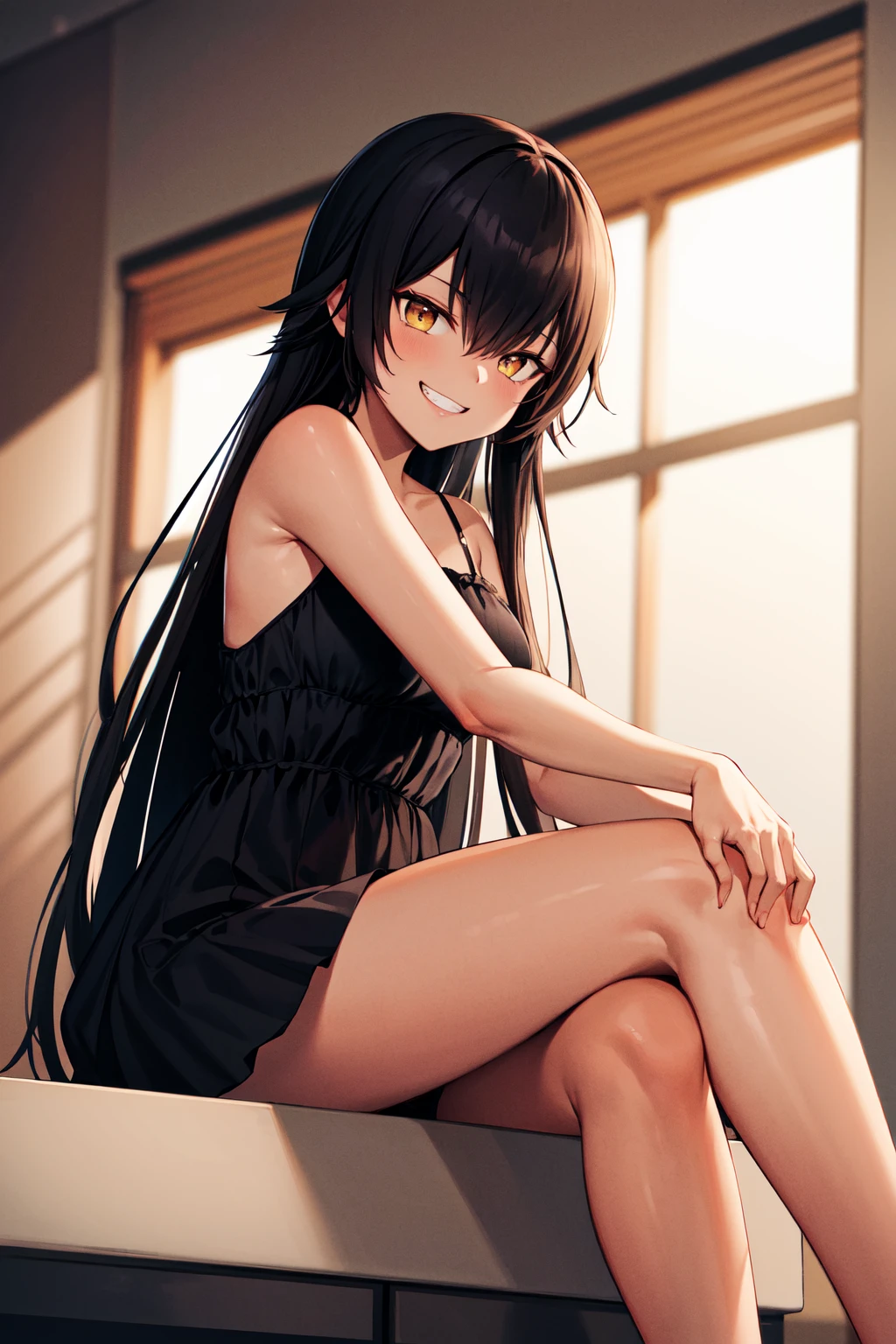masterpiece, best quality, highres, aanemesis, long hair, black hair, dark skin, tan, bare shoulders, black dress, sitting, crossed legs, smirk, grin, indoors,,nsfw