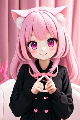 (masterpiece), (best quality), (extremely detailed), (1girl), solo, (pretty cute girl), looking at viewer, slender, smile, pink eyes, pink hair, cat girl, (black animal ears:2), (black tail:2), peace sign, (white long sleeves), (pink buttons short dress:2), pink kawaii room, pinky, heart item, red ribbon, standing, pink curtain, upper body, indoors, hands, fluffy, extremely detailed wallpaper, (parfect detail features), 8k, UHD, <lora:128-256_v1:1>