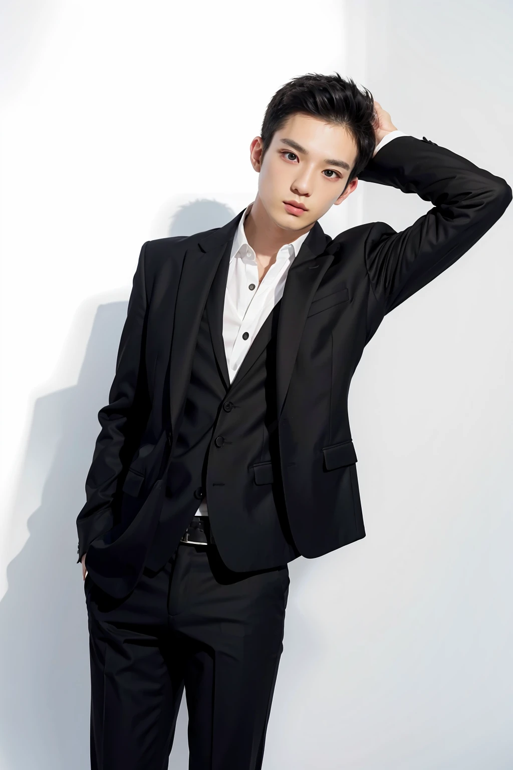 1man,black suit,white background, <lora:Mackenyu-04:1>