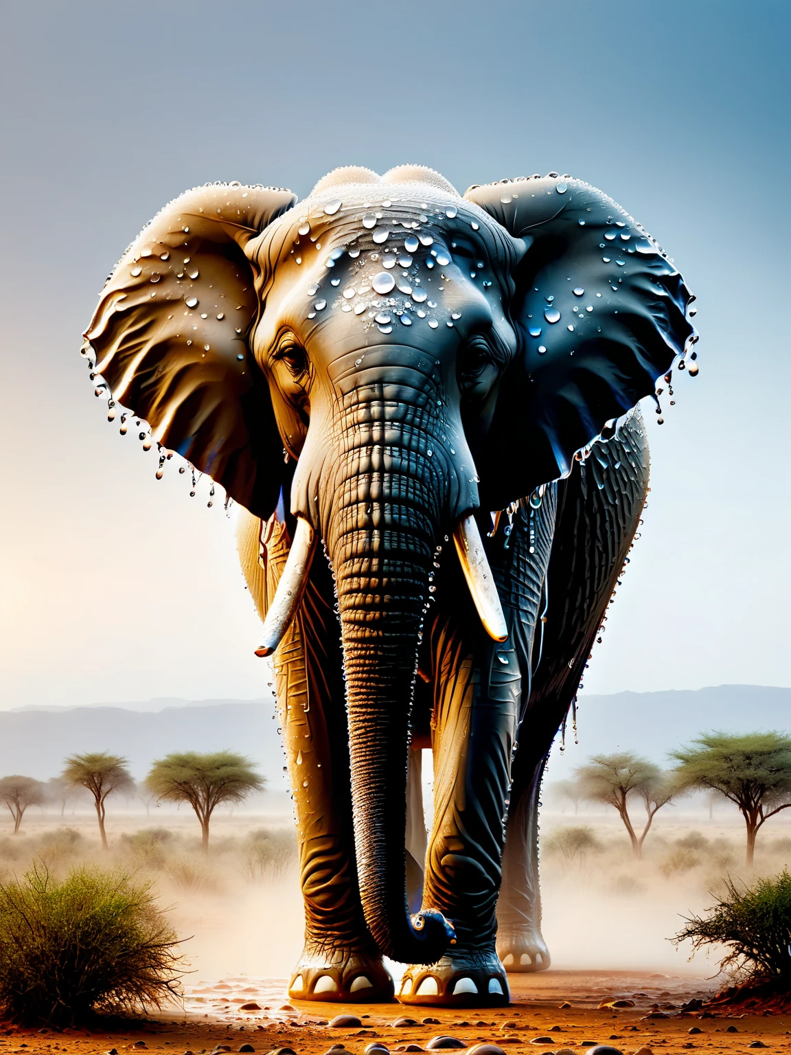 photo of ais-waterdrops elephant, stood in the arid savannah <lora:Waterdrops_Style_SDXL:1>