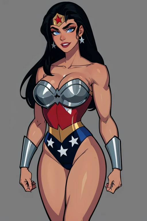 masterpiece,best quality,extreme detail,8k,<lora:wonder:0.8> wonder2, 1girl, solo, long hair, breasts, smile, blue eyes, large breasts, black hair, cleavage, bare shoulders, jewelry, collarbone, thighs, earrings, dark skin, grey background, star (symbol), leotard, dark-skinned female, lips, strapless, makeup, tiara, lipstick, clenched hands, strapless leotard, red lips, bracer, superhero