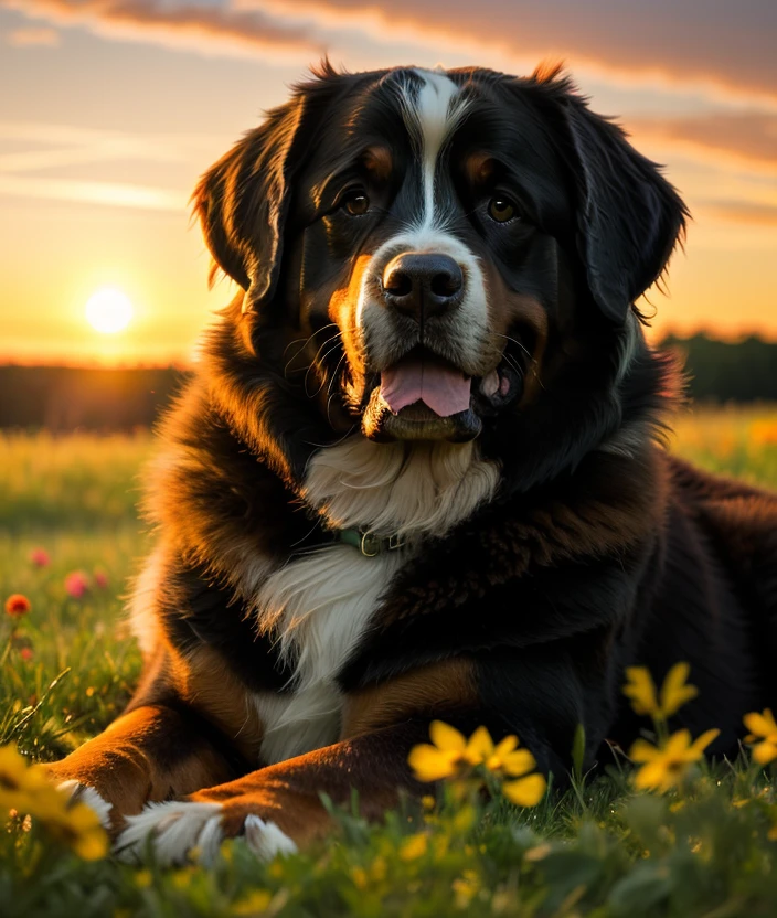 <b0d3b3>, spectacular light, upper body, Leaves, sunset, Colorful flowers, close portrait photo, Twilight, Green meadow, Ultra-HD-details, fireflies