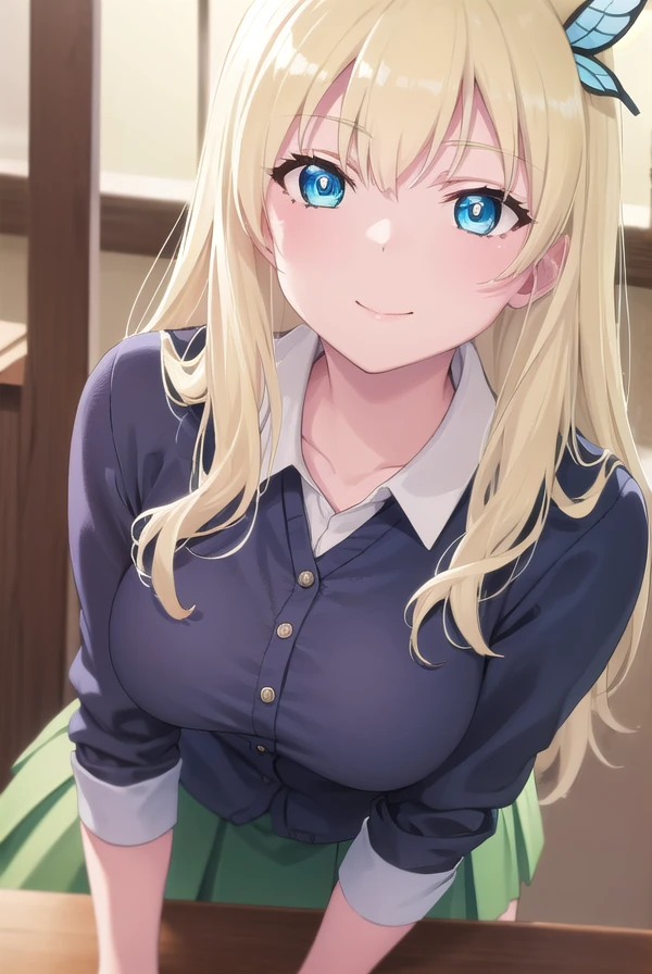 senakashiwazaki, <lora:sena kashiwazaki s2-lora-nochekaiser:1>,
sena kashiwazaki, long hair, blonde hair, hair ornament, aqua eyes, butterfly hair ornament, lips, smile,
BREAK school uniform, cardigan, st. chronica academy school uniform, skirt, green skirt, pleated skirt,
BREAK indoors, classroom,
BREAK looking at viewer, (cowboy shot:1.5),
BREAK <lyco:GoodHands-beta2:1>, (masterpiece:1.2), best quality, high resolution, unity 8k wallpaper, (illustration:0.8), (beautiful detailed eyes:1.6), extremely detailed face, perfect lighting, extremely detailed CG, (perfect hands, perfect anatomy),