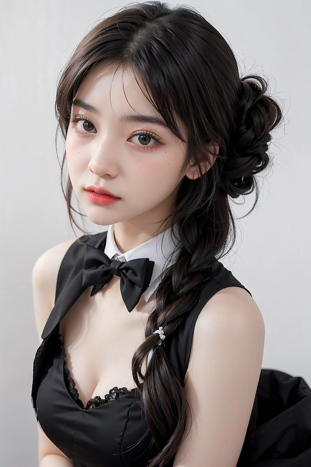1girl, black  random formal attire, white background,   <lora:bllncp-04:1>