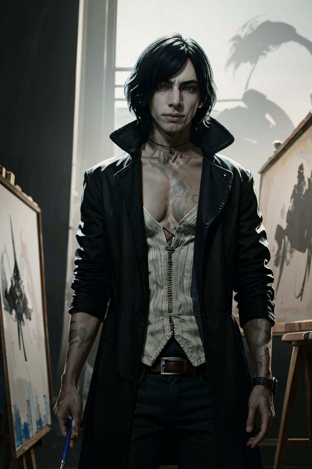 ((ultra detailed, masterpiece, absurdres))
<lora:DMC5V:0.9>
DMC5V, 1boy, solo, black hair, tattoo, necklace, portrait