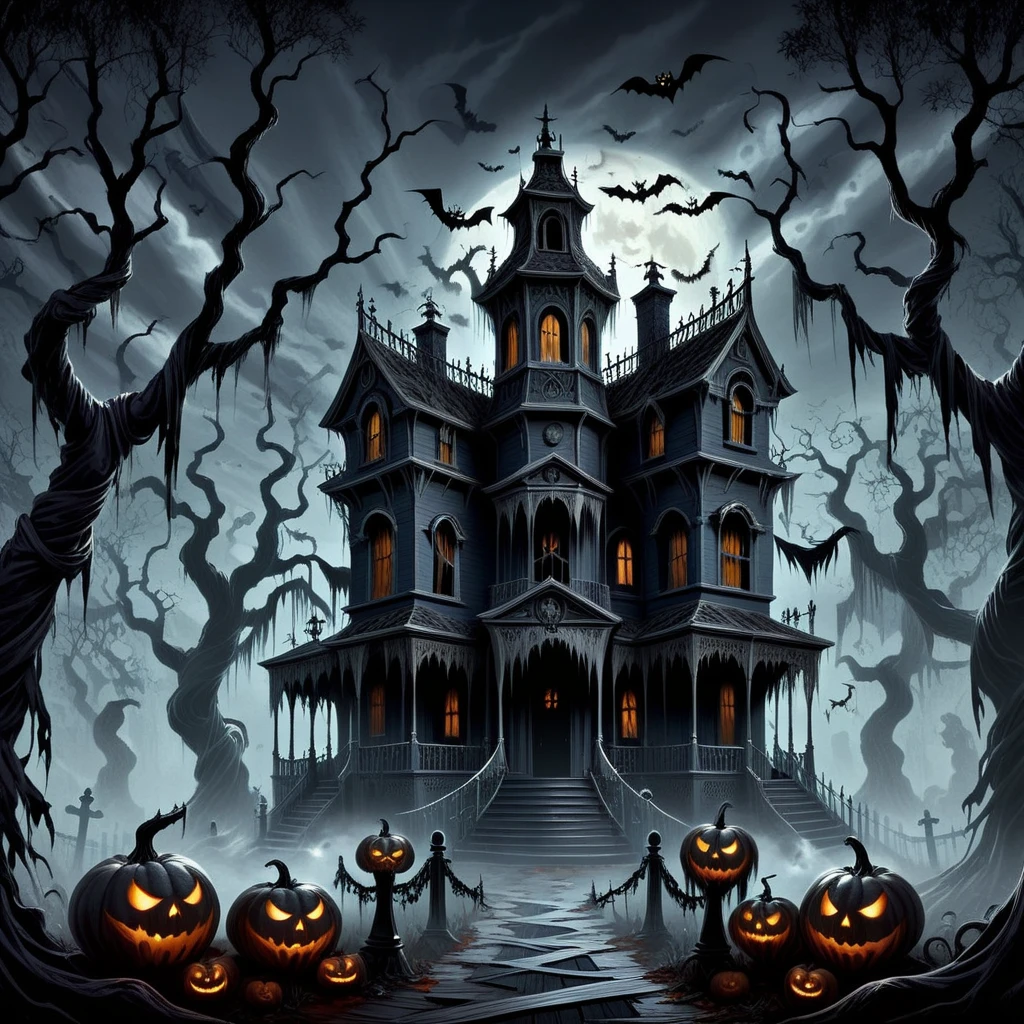 <lora:hw_ghostly_XL:1> hwghostly, haunted mansion, gloomy, twisted trees in background, sinister vibe,