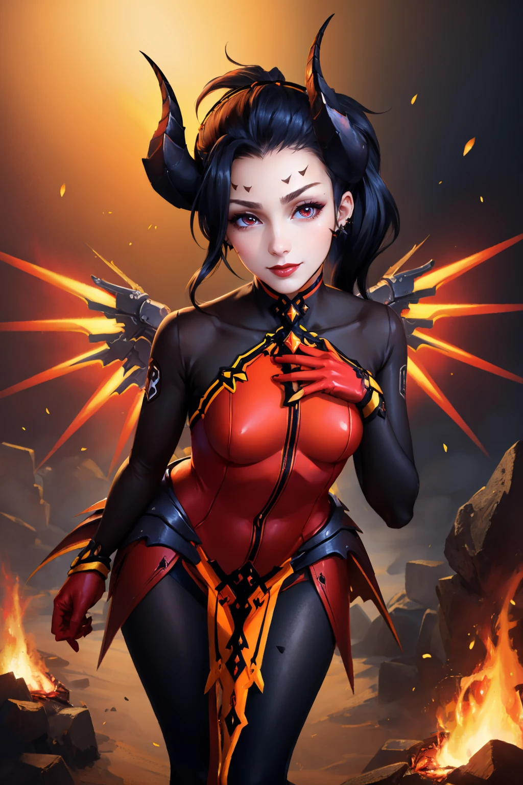 masterpiece, best quality, <lora:devilmercy-nvwls-v1-000008:0.9> devilmercy, black hair, demon horns, forehead mark, red sleeves, red bodysuit, long sleeves, red gloves, pelvic curtain, mechanical wings, black leggings, looking at viewer, smile, red lipstick, leaning forward, hand on own chest, fire, brimstone