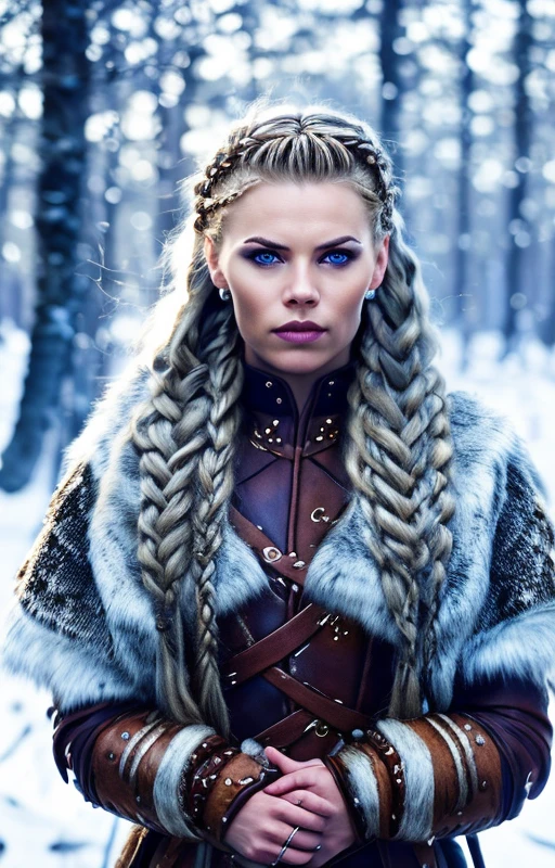 cinematic photo scandinavian girl, braided hair, viking, intense eyes, depth of field, blurry background, voluminetric light, 8k wallpaper, snow, trees, sunshine,  stunning portrait, hdr, <lora:braided_viking:1>, . 35mm photograph, film, bokeh, professional, 4k, highly detailed