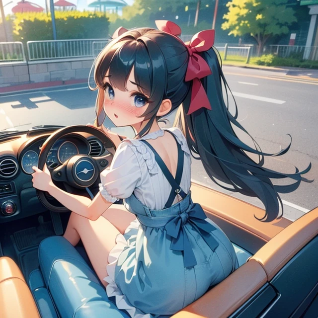 (((masterpiece))),  (((best quality))),  (((from behind))),  (((from above))),  (((looking viewer))),  (((half body))),  ((1girl sitting on mini car)),  ((ground of amusement park)),  ((hand on steering wheel)),  ((denim cute little dress)),  wind,  ribbon longhair,  shy,  blush,<lora:EMS-262092-EMS:0.800000>