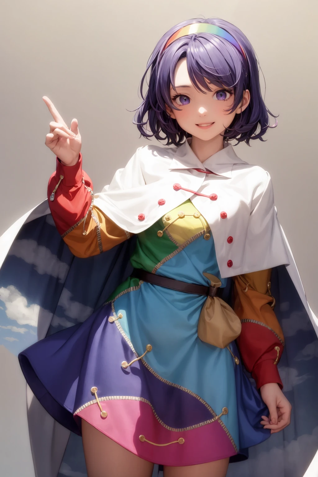 masterpiece, best quality,
<lora:tenkyuuchimata:1>,
tenkyuu chimata, 1girl,multicolored hairband, short hair,purple hair,purple eyes,white cape,sky print,long sleeves,multicolored dress,patchwork clothes,cloak,
grey background, smile,