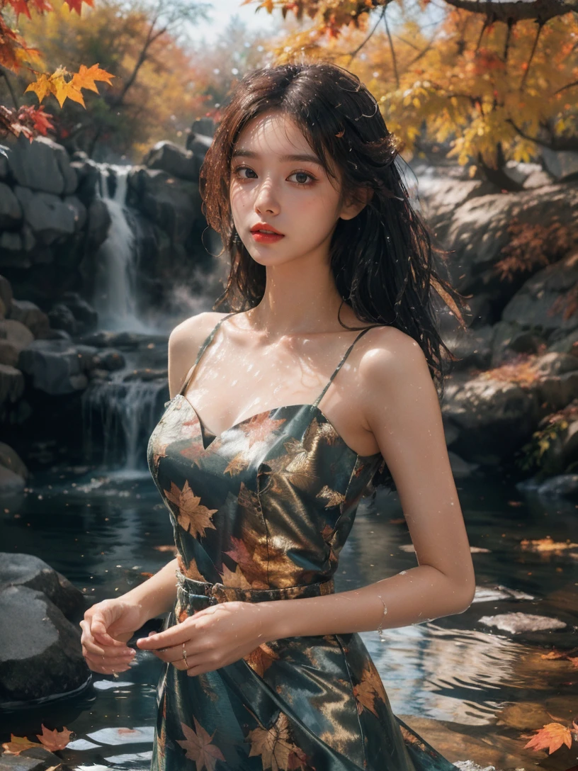 (fashion magazine cover:1.2),(full-size photograph:1.2),(a beautiful and delicate girl:1.2),gorgeous formal attire,(fashion design:1.1),a tender and watery gaze,elegant,
(waterfall:1.1),((Dadaism)),(smoky:1.1),(water vapor is shrouded in mist:1.2),<lora:maple leafå¶è½ç°å¢_v1.0:0.7>,warm and delicate sunshine,falling maple leaves,maple leaf,