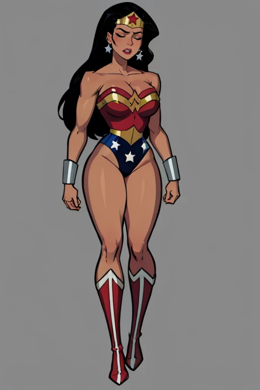 masterpiece,best quality,extreme detail,8k,<lora:wonder:0.8>, wonder2, 1girl, solo, long hair, breasts, large breasts, black hair, cleavage, bare shoulders, jewelry, standing, full body, closed eyes, thighs, earrings, boots, dark skin, star (symbol), high heels, leotard, dark-skinned female, strapless, makeup, knee boots, tiara, lipstick, high heel boots, superhero