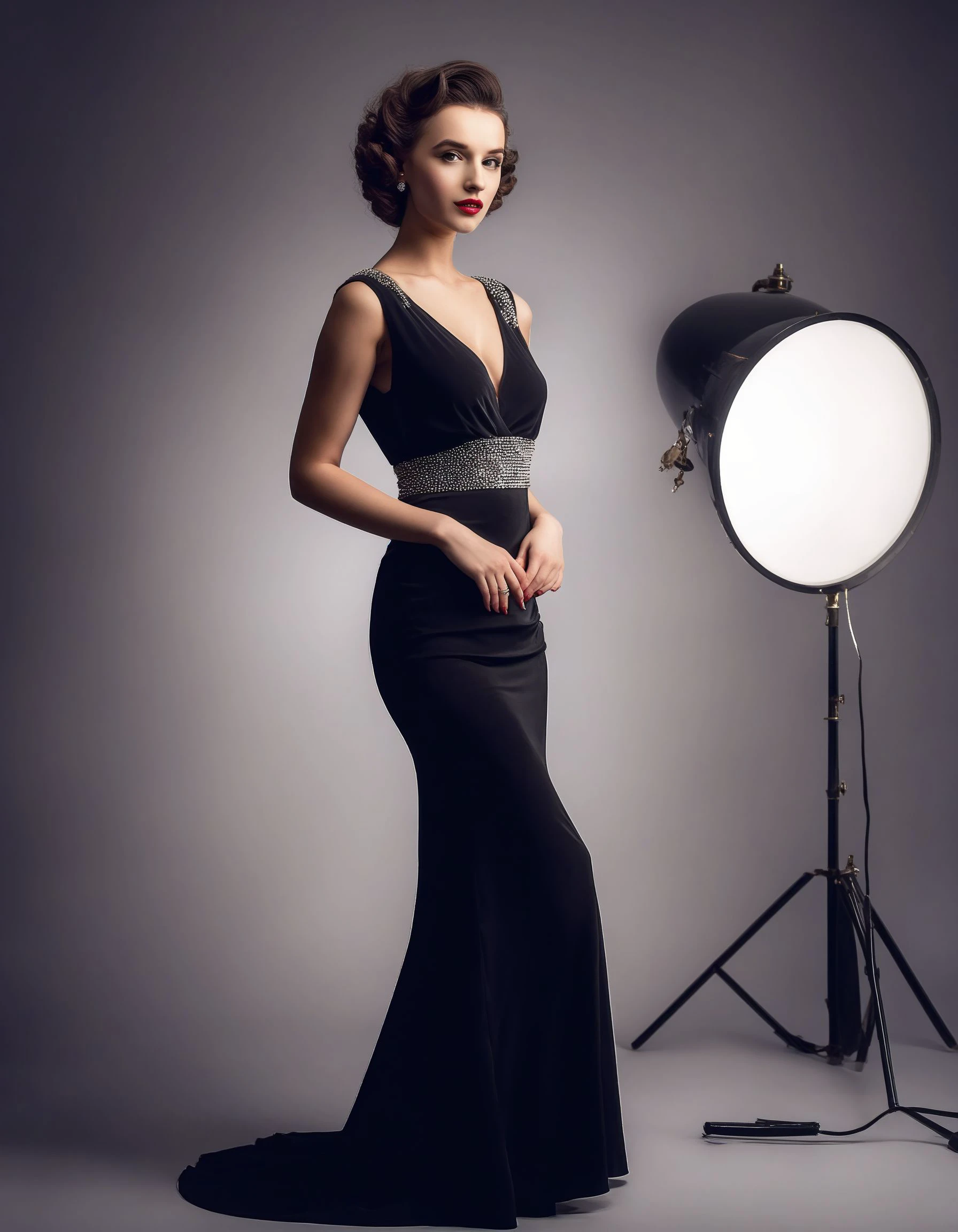 cinematic photo Photo, Full-body, Retro glamour, GloriaSolSDXL in vintage Hollywood attire, radiating timeless elegance and charm, set against a classic black and white studio background with soft and dramatic lighting <lora:GloriaSolSDXL:1> . 35mm photograph, film, bokeh, professional, 4k, highly detailed