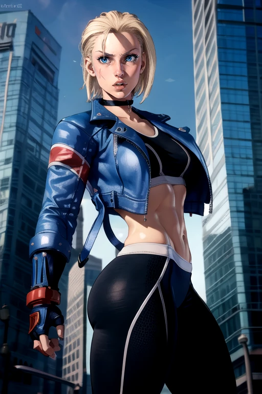 masterpiece,best quality,extreme detail,8k,<lora:cammy6:0.8>,cammysf6,1girl,solo,breasts,looking at viewer,short hair,blue eyes,blonde hair,gloves,jacket,ass,choker,midriff,pants,fingerless gloves,open jacket,lips,scar,black pants,blue jacket,building,forehead,cropped jacket,sports bra,nose,vambraces,leather,american flag,union jack,
