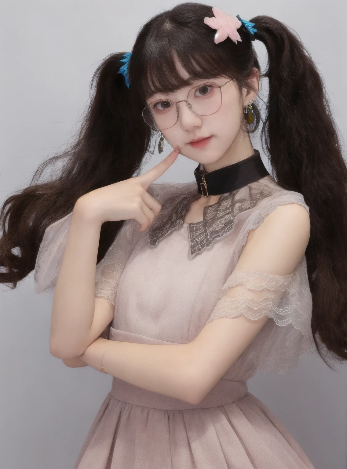 1girl, high quality, looking at viewer, grey background, dress, lace trim,see-through, blush, earrings, choker, skin tight, tight, twintails, hair ornament,
<lora:pzyk_v6:0.68>