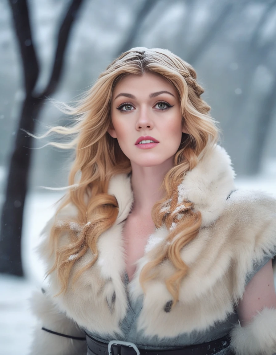 KatherineMcnamara, photograph, Compelling athletic Female cosplaying as Freyja, Snowing, Iphone X, Low shutter, <lora:KatherineMcnamaraSDXL:1>
