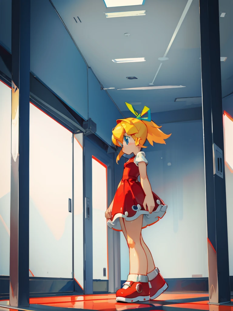 <lora:nk2007-40:1>roll (mega man), blonde hair, blue eyes, ponytail, hair ribbon, red dress, red footwear, indoors, masterpiece, best quality