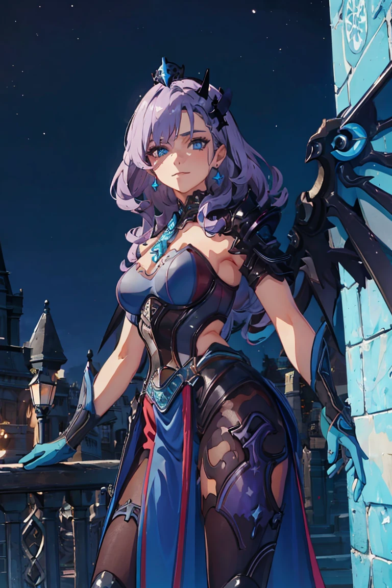 1girl,solo,<lora:AllStarMercy:0.8>,allstar,crown,gloves,breastplate,armor,mechanical wings,long skirt,pelvic curtain,blue eyes,purple hair,long hair,wave hair,crescent earrings,crescent hair ornament,(night:1.3),(gothic architecture:1.5),cowboy_shot,looking_at_viewer,smile,, masterpiece,best quality,highres,ultra high res,(abstract art:1.2),2d,(highlydetailed),(colorful),(intenseexpression),(fashionable),