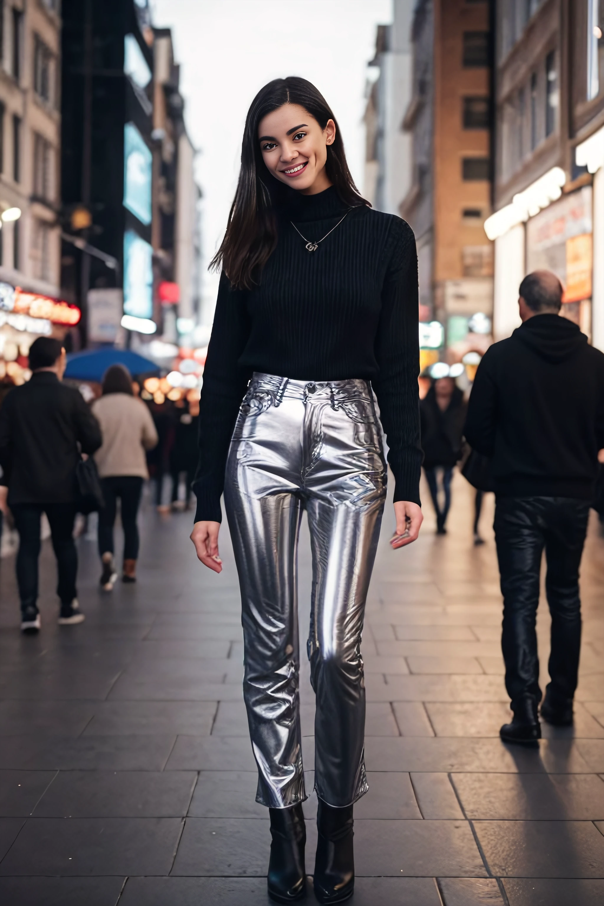 full body photo of british woman wearing shiny silver vnylpvc jeans and black sweater, smiling, posing at night market, crowded street, street market, <lora:vnylpnts:0.7> , black boots ,Style-DoF ,Style-DA ,Style-BlurFore