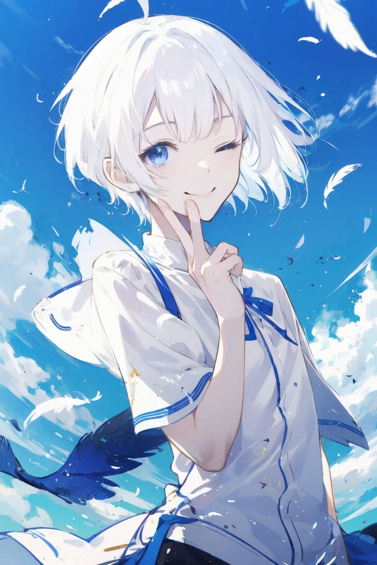 solo, 1boy, white hair, short hair, ahoge, one-eye closed, smile, cool color, fluttering feathers, white feathers, blue sky, celestial, v over mouth, inward v