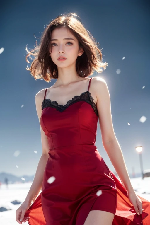 masterpiece,best quality,highres,1girl,blue eyes,blond hair,rose background,flora,snowing,bokeh,beautifully lit,low contrast,sharp and in focus,(art by Chris Friel:1.2),night,sad,melancholy,short hair,wind,red silk dress,see-through,