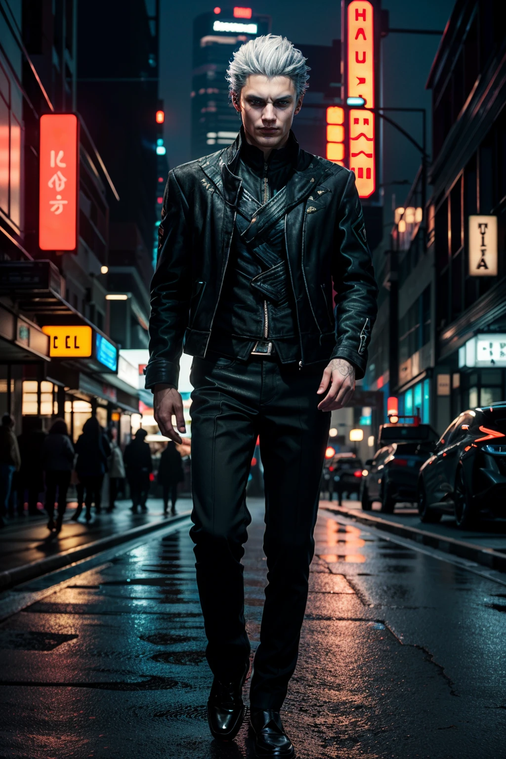 ((ultra detailed, masterpiece, absurdres))
<lora:DMC5Vergil:0.9>
DMC5Vergil, 1boy, solo, short hair, white hair, Retro 80s synthwave outfit, neon city lights, sitting on a sports car, retro-futuristic coolness