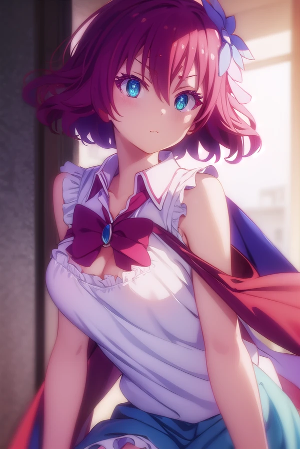 stephaniedola, <lora:stephanie dola s1-lora-nochekaiser:1>, 
stephanie dola, blue eyes, hair ornament, flower, red hair, hair flower,
BREAK dress, bow, bare shoulders, cape, red bow, gemstone, apron, skirt, frills, high collar, cleavage,
BREAK indoors,
BREAK looking at viewer, (cowboy shot:1.5),
BREAK <lyco:GoodHands-beta2:1>, (masterpiece:1.2), best quality, high resolution, unity 8k wallpaper, (illustration:0.8), (beautiful detailed eyes:1.6), extremely detailed face, perfect lighting, extremely detailed CG, (perfect hands, perfect anatomy),