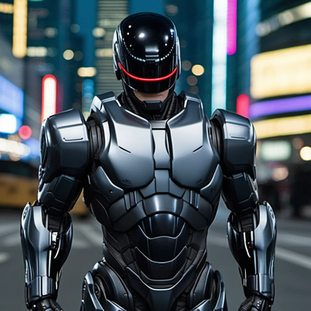Robocop2014, a black armored robot, full body, cyberpunk city background, highly detailed, photography, ultra sharp, film, professional, 64k <lora:add-detail-xl:1.5> <lora:Robocop2014-1024-000325:0.6>