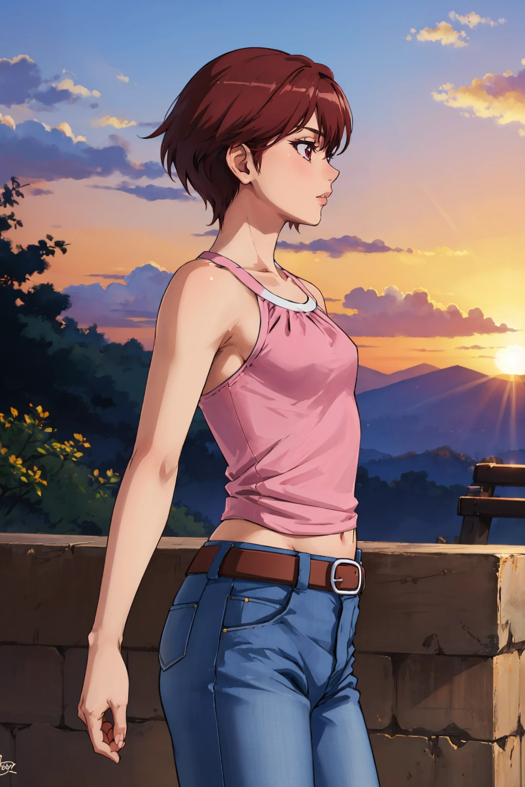 masterpiece, best quality, <lora:fujiedayoshino-nvwls-v1-000010:0.9> fujieda yoshino, pink tank top, jeans, brown belt, cowboy shot, profile, sky, sunset