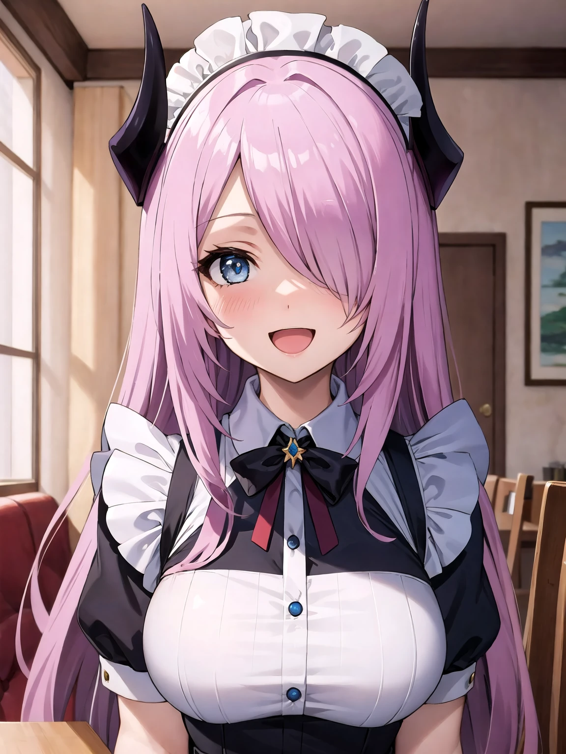 ((best quality)), masterpiece, illustration, upper body, looking at viewer, solo, 1girl, emi559, fake horns, long hair, (hair over one eye), blue eyes, big breasts, blush, crazy smile, open mouth, (maid), indoors, <lora:No559V1:0.6>