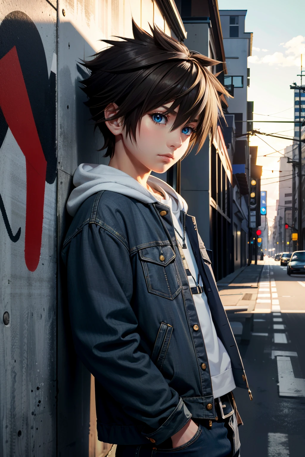 ((ultra detailed, masterpiece, absurdres))
 <lora:KHSora:0.9>
KHSora, 1boy, solo, brown hair, blue eyes, spiked hair, Studio noir, moody shadows, sitting on vintage chair, tailored suit, mysterious allure