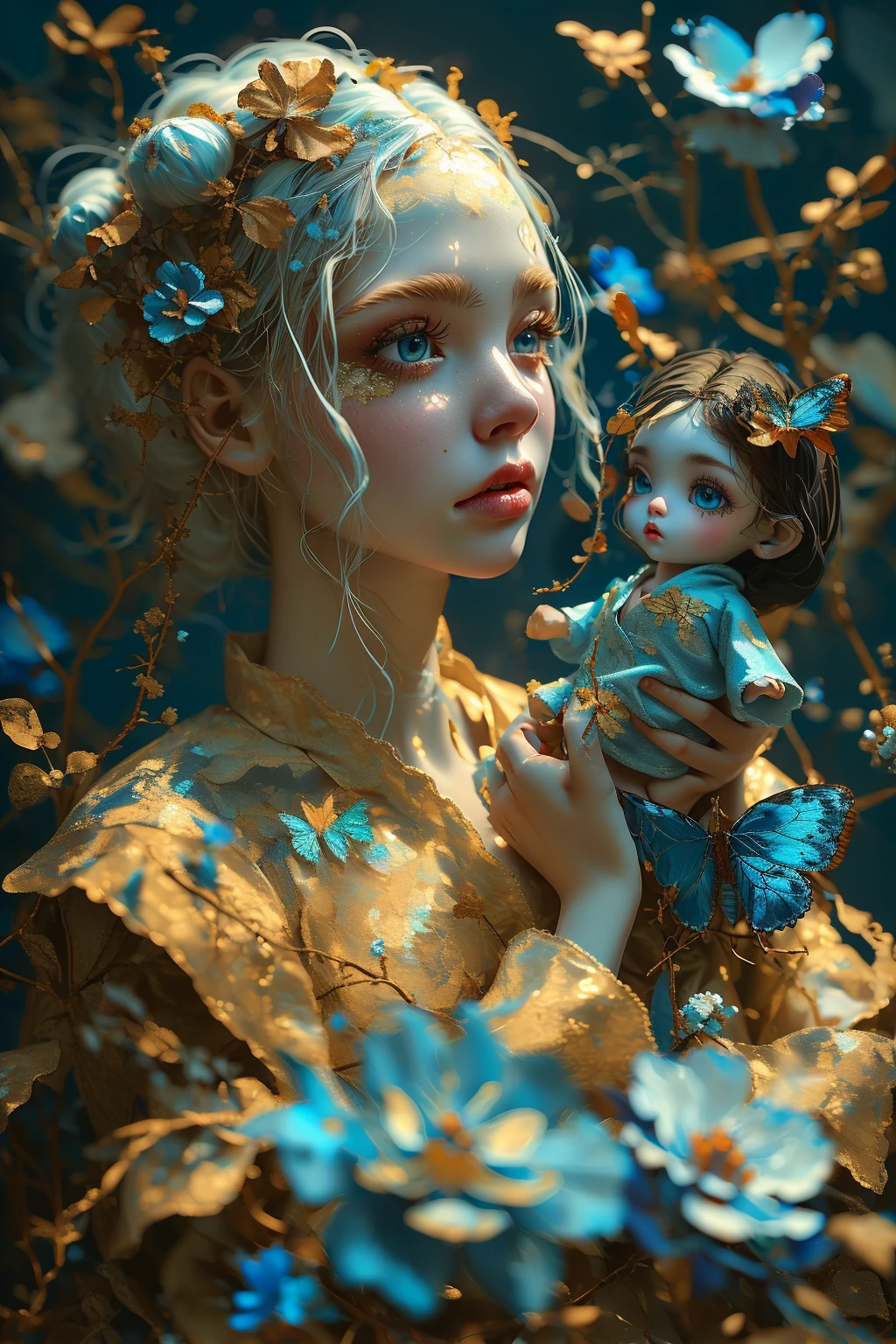 1doll,upper body,red hanfu,<lora:麻è¢2024-014:0.5>,simple background,black hair,blue_flowers,holding a doll in his hand,<lora:麻è¢2024-001:0.6>,butterfly,white hair,Glowing,blue eyes,<lora:麻è¢2024-002:0.7>,, masterpiece,best quality,ultra-detailed,