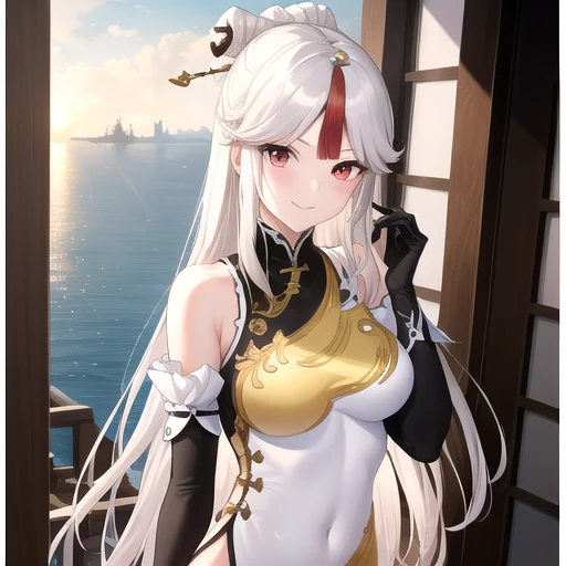 ((masterpiece)),(best quality),official art,extremely detailed CG,unity 8k wallpaper,ultra detailed,A lighthouse on a cliff by the sea,1girl,solo,upper body,looking at viewer,very_long_hair,red_eyes,elbow_gloves,hair_ornament,black_gloves,claw_ring,white_hair,chinese_clothes,smile,high_heels,hair_stick,bangs,china_dress,parted_bangs,fur_collar,tassel,white_dress,hairpin,sidelocks,bare_shoulders,detached_sleeves,pelvic_curtain,large_breasts,bare_legs,<lora:Ningguang(gen)>,