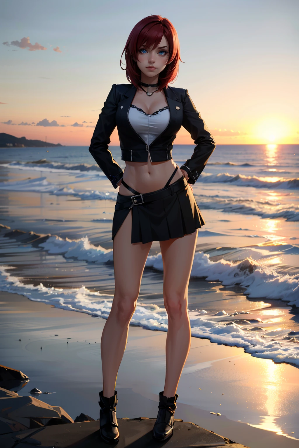 ((ultra detailed, masterpiece, absurdres))
 <lora:KHKairi:0.9>
KHKairi, 1girl, solo, red hair, blue eyes, Standing on a cliff by the sea, the sunset in the background, full body, with hands on hips