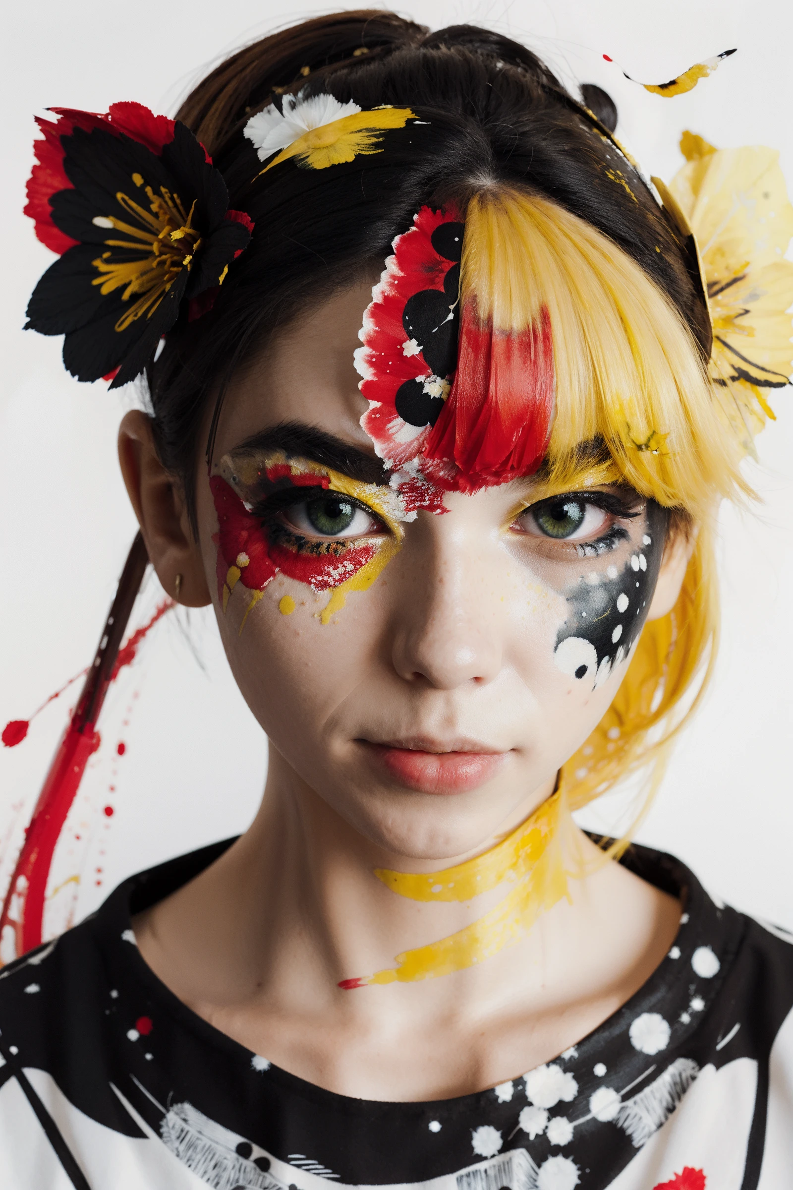 masterpiece,best quality,1 girl,kimono,(lycoris flower) in hair,highly detailed,high definition,hair intakes,(yellow ink and paint splatter),(marroon ink and paint splatter),(black ink, black paint splatter),watercolor,vibrant colors,octans,<lora:mtlddeav2:1> mtlddea