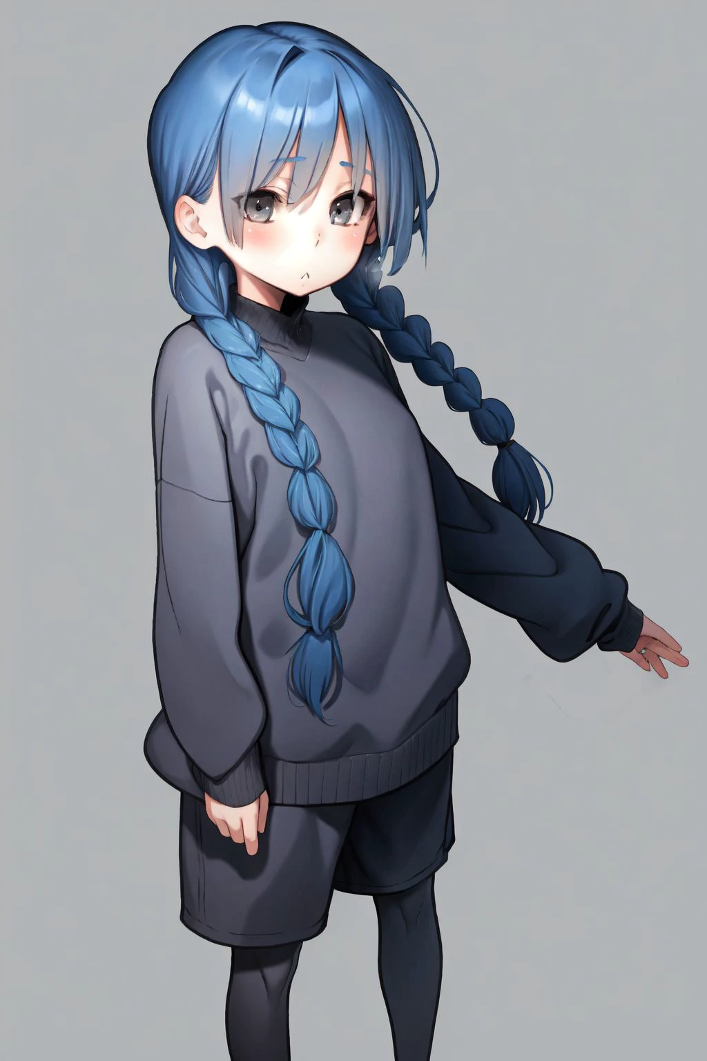 solo, 1girl, :>, blue hair, quad braids, dark grey eyes, grey clothes, tiptoes, paneled background <lora:Kawakami_Masaki_style_v01.08:1>