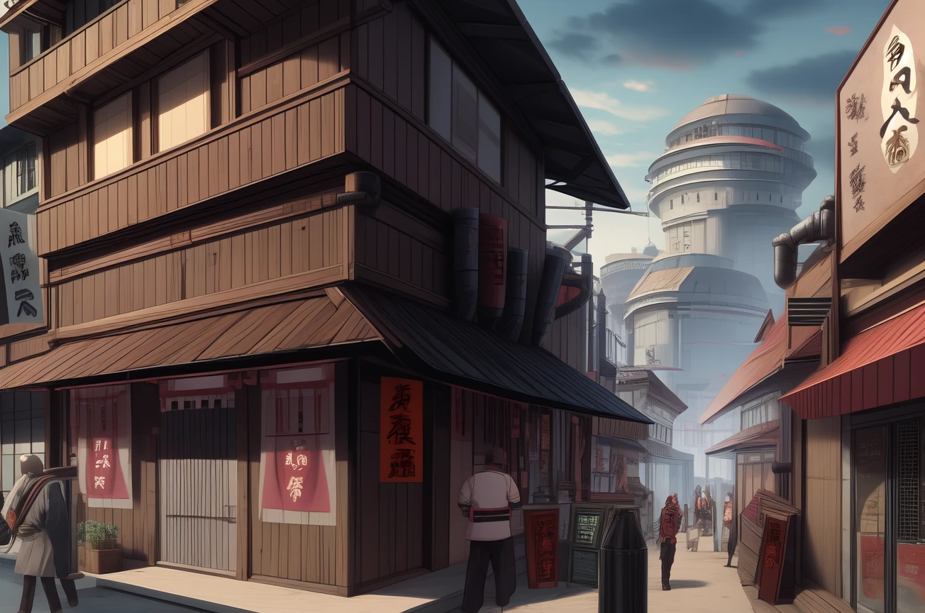 Konoha Background, shinobitech, scifi, shinobi, bulky metal, shopping district, (crowded), pipes