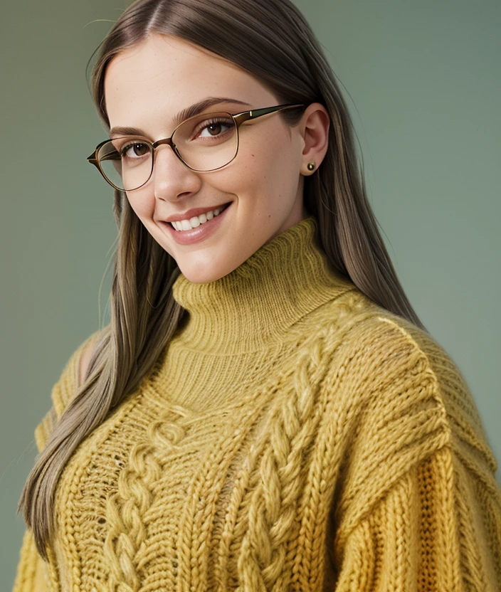 <m0l1m>, Gradient yellow background, high definition, turtleneck, knit, close portrait photo, smile 