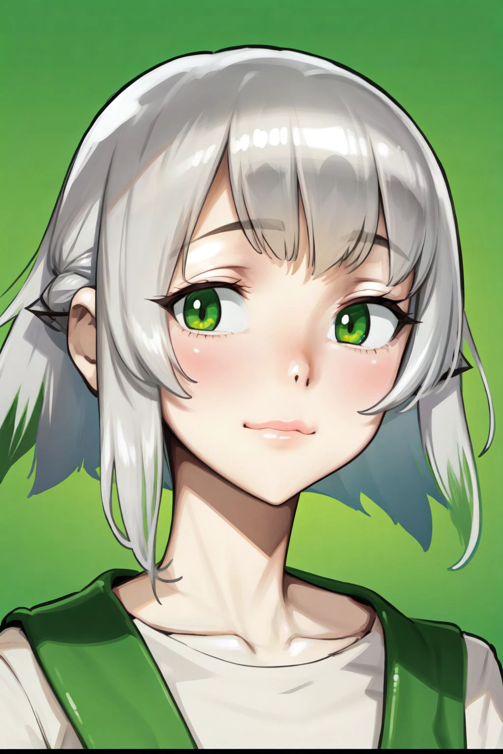 solo, 1girl, :3, light grey hair, crested hair, cream eyes, green clothes, portrait, plaid background <lora:Nonco_style_v01.08.08.01:1>