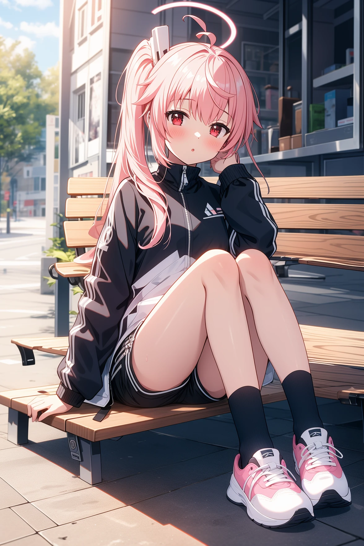 1girl, solo, outdoors, street, looking at viewer, masterpiece, best quality, high resolution, unity 8k wallpaper, (illustration:0.8), (perfect hands, perfect anatomy), blush, shiny hair, shiny skin, small breasts, natsu, long hair, pink hair, side ponytail, ahoge, red eyes, halo, jacket, black jacket, sneakers, socks, puffy sleeves, sleeves past wrists, black shorts, short shorts, sitting, bench, full body