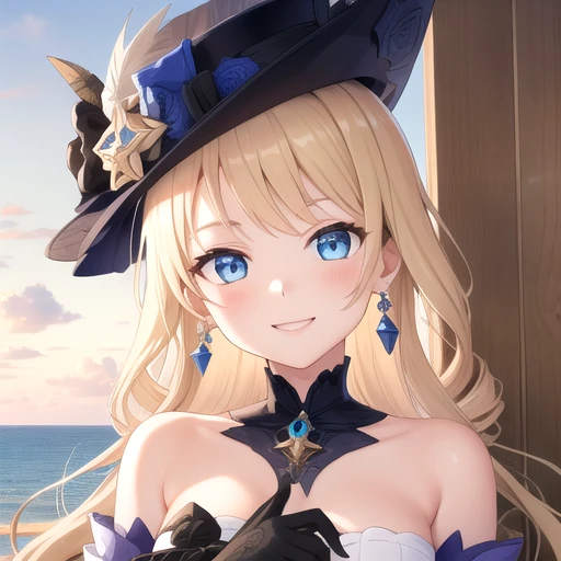 ((masterpiece)),(best quality),official art,extremely detailed CG,unity 8k wallpaper,ultra detailed,A lighthouse on a cliff by the sea,1girl,solo,upper body,(portrait:1.2),looking at viewer,navia (genshin impact),absurdly long hair,sidelocks,drill sidelocks,blonde hair,blue eyes,brown thighhighs,drop earrings,smile,dress,brown footwear,thigh boots,medium breasts,long sleeves,collar,black headwear,elbow gloves,black collar,detached collar,bangs,hat feather,zettai ryouiki,hat flower,bare shoulders,frills,black gloves,jewelry,<lora:Navia(gen)>,