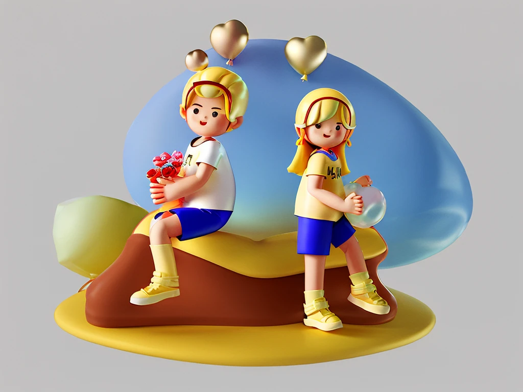 back-to-back,yellow hair,long hair,holding flower,blue shorts,balloon,couple,chibi,full body,simple background,white background,, masterpiece, best quality,