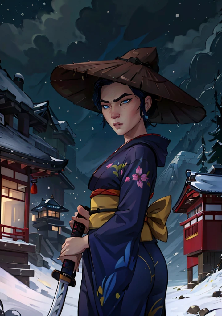 1girl, mizuOC (holding a katana:1.2),very angry, (1girl, blue eyes, black hair, japanese clothes, blue kimono:1.2) looking at viewer, (chinese hat:1.2), from below, from side, 
(detailed landscape, japanese temple, night, winter, snow, tree:1.2),(cowboy shot:1.2), (dynamic pose:1.2), (dark atmosphere, wind),
(masterpiece:1.2), (best quality, highest quality), (ultra detailed), (8k, 4k, intricate), (50mm),
  <lora:MizuBESamurai_character-08:0.7>   <lora:arcane_offset:0.5> <lora:epiNoiseoffset_v2:0.45>
