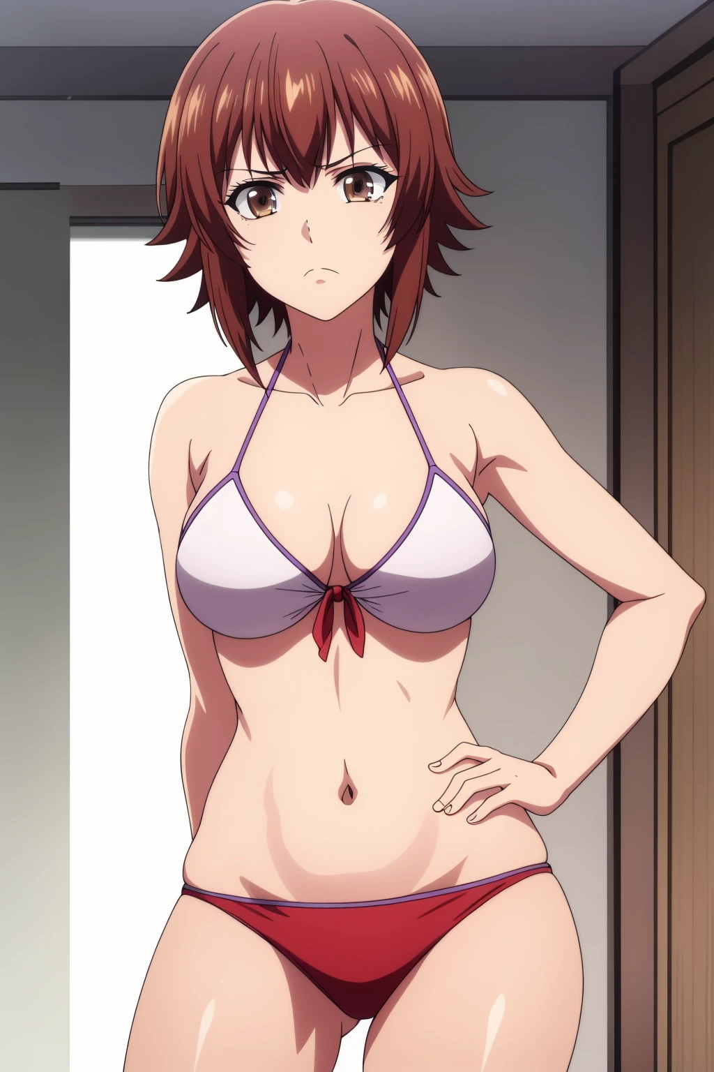 ((best quality)),((highly detailed)),masterpiece,absurdres,detailed face,beautiful face,(detailed eyes, deep eyes),(1girl),((dynamic pose)), <lora:ChisaV1:0.7>,Chisa, swimsuit, solo, bikini, short hair, brown eyes, brown hair, breasts, navel, cleavage, front-tie top, frown, medium breasts, looking at viewer, large breasts, cowboy shot, standing, indoors, shiny, collarbone, halterneck, bangs, front-tie bikini top, bare shoulders