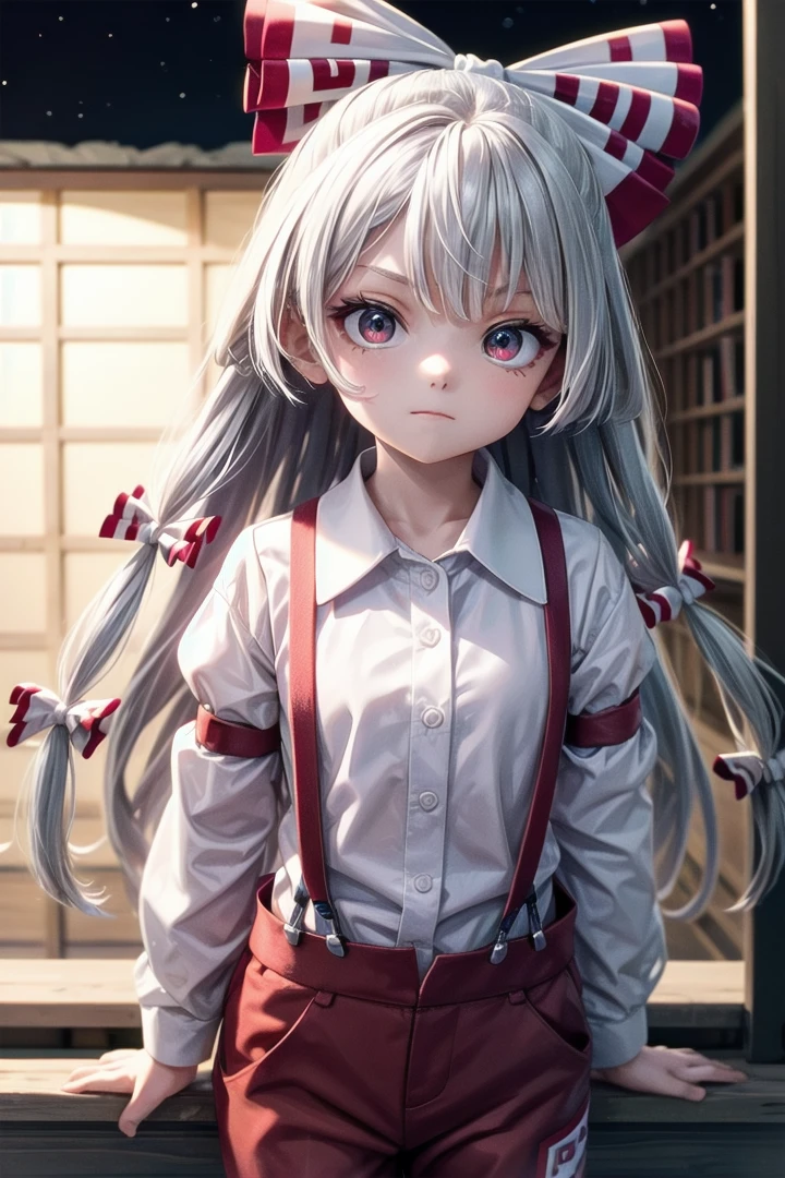 1 girl,cute,(looking at viewer:1.0), adorabel girl,cute face,details sky,handsome,young,juvenile,((masterpiece:1.4,best quality)),multiple details,eyeshadow,sfw, (medium shot:1.5),
gradiant eyes, hazel eyes, (long black lycra pantyhose:1)
lora:add_detail:0.8>, <lora:more_details:0.4>, forest, (night:1.2), frosted trees,
<lora:ç¼çå:0.4>, <lora:mokou:1>,
1girl,very long hair, suspenders, long sleeves,red eyes, white hair, bow,ribbon, hair bow, pants, hair ribbon, shirt, multiple hair bows, fujiwara no mokou