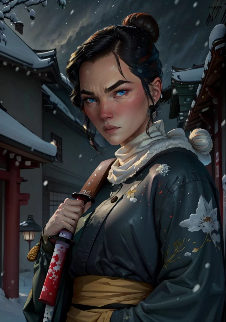 1girl, mizuOC (holding a katana:1.2),very angry, (1girl, blue eyes, black hair, hair bun, japanese clothes:1.2) looking at viewer, from below, from side, (jacket, scarf:1),
(detailed landscape, japanese temple, night, snow, tree:1.2),(cowboy shot:1.2), (dynamic pose:1.2), (dark atmosphere, wind),
(masterpiece:1.2), (best quality, highest quality), (ultra detailed), (8k, 4k, intricate), (50mm),
<lora:MizuBESamurai_character-08:0.75> <lora:epiNoiseoffset_v2:0.45>