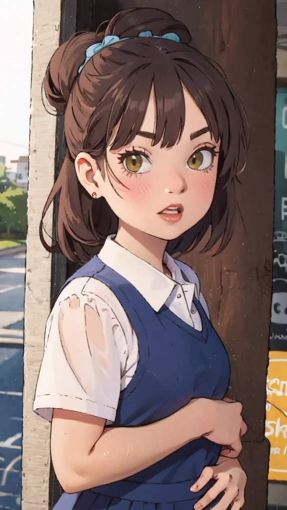 (close-up:1.1) portrait photography of girl, scared, fat body type, (looking at viewer:1.3) BREAK sienna bamboo uniform BREAK (periwinkle twisted chignon hair:1.2) BREAK vintage arcade in background,