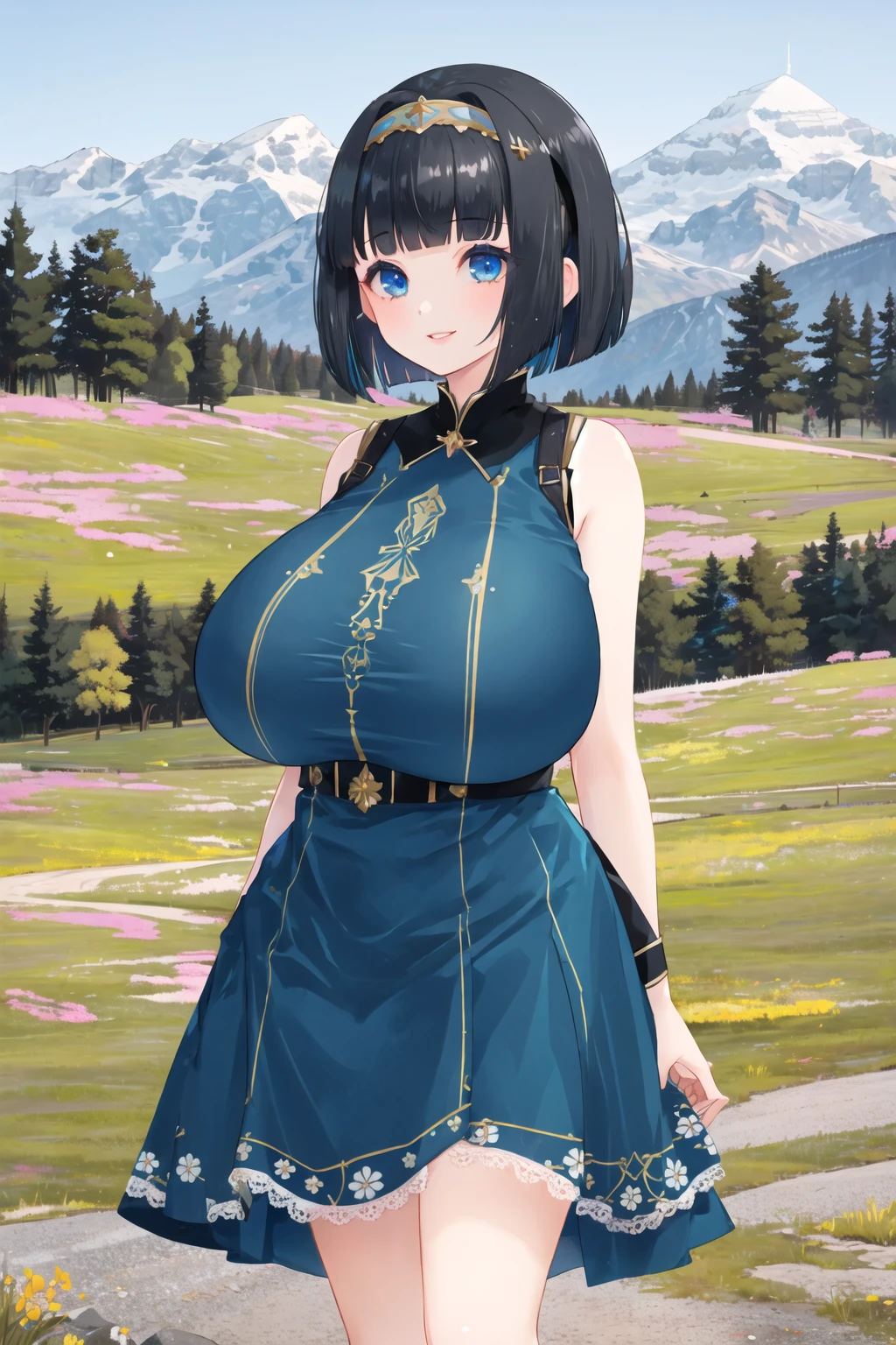 <lora:3ly3-10:0.6>, 1girl, bob cut, outdoors, blue eyes, mountain, smile, lips, hairband, gigantic breasts, black hair, blunt bangs, dress