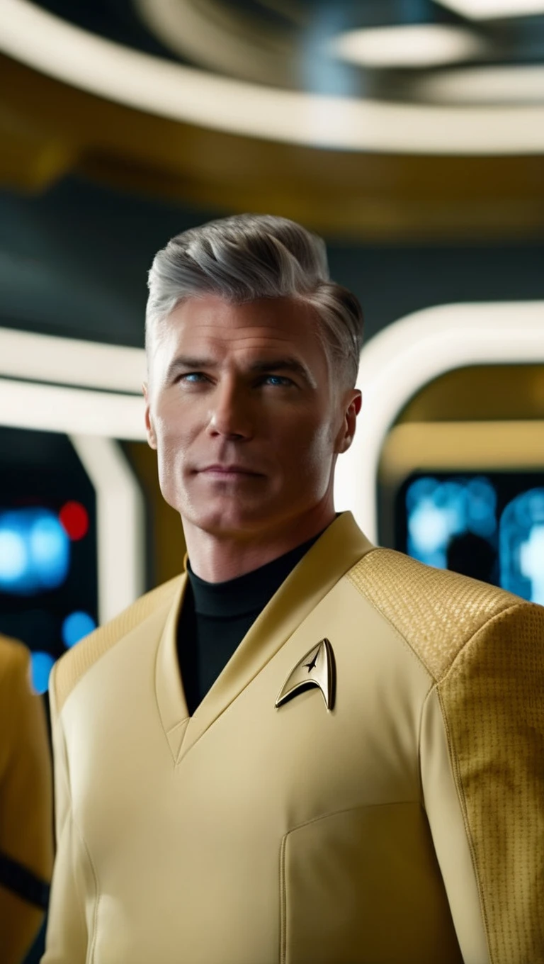 cinematic film still cinematic photo portrait of , <lora:captain_pike-000002:1> captain_pike, man, 4K resolution, Starfleet uniform, confident gaze, futuristic background, (space-themed imagery), (detailed textures), (photo-realistic rendering), (commanding presence), (vivid colors), (dynamic lighting) . 35mm photograph, film, bokeh, professional, 4k, highly detailed . shallow depth of field, vignette, highly detailed, high budget Hollywood movie, bokeh, cinemascope, moody, epic, gorgeous, film grain, grainy