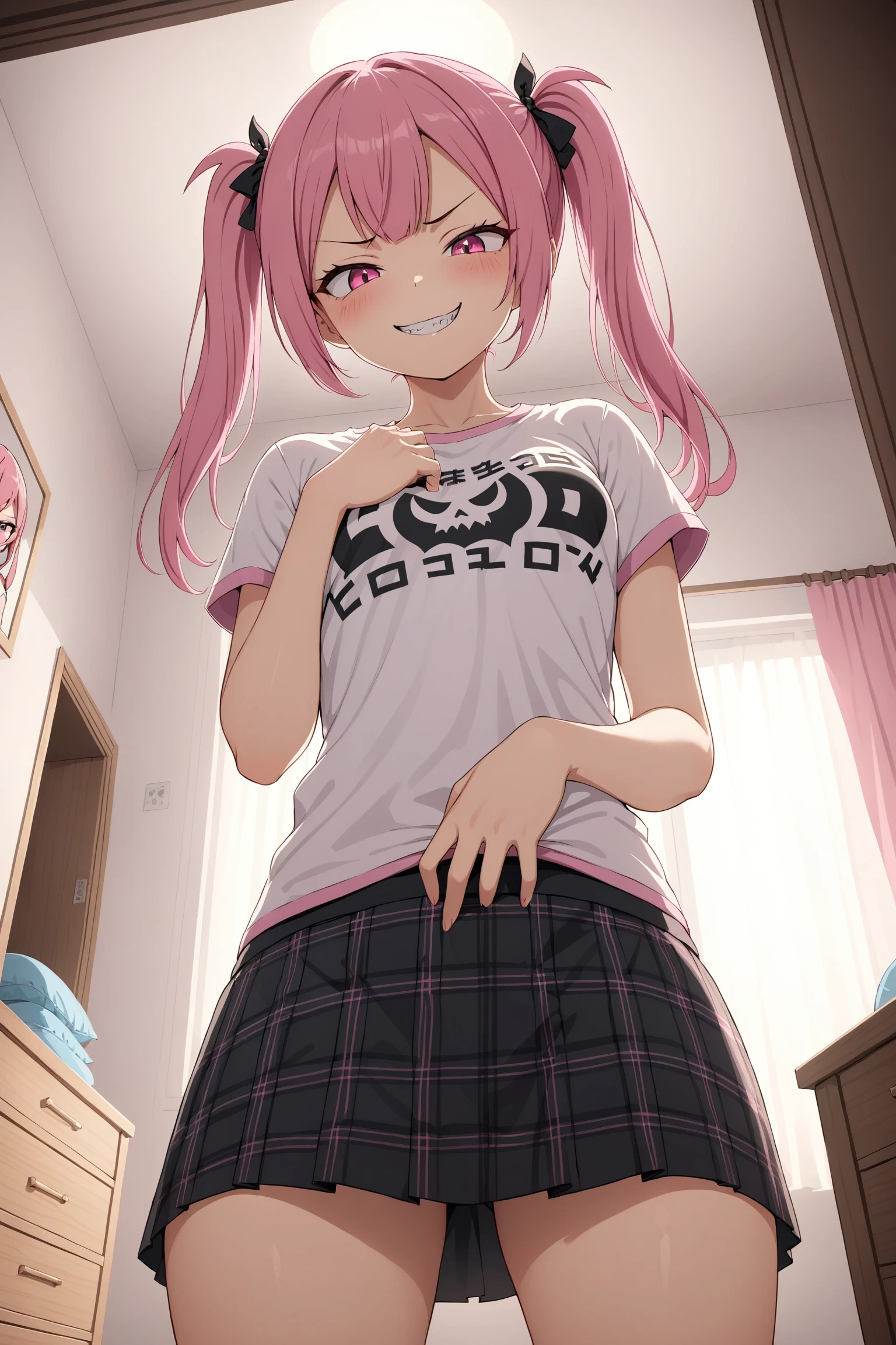 1girl, solo, cute, twintail, pink hair, evil grin, smirk, standing, from below, looking down, hand on own torso, bedroom, t-shirts, skirt, masterpiece, best quality,